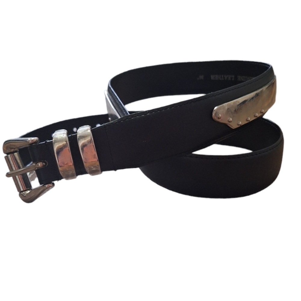 Black Leather Belt w/ Silver Tone Buckle & Metal Southwestern Accents, 40"